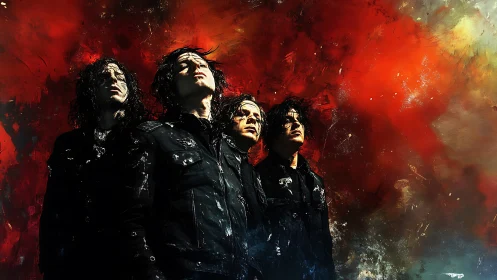 Moody rock band under a stormy, fire-bright painted sky.