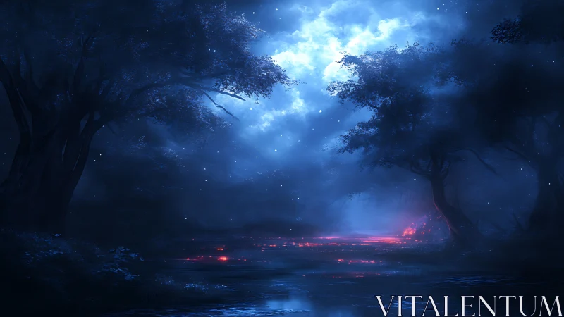 Lunar-lit spectral forest with bioluminescent embers and mist