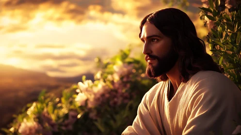 Sunlit robed figure in contemplative profile amid floral foliage.