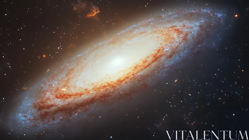 Edge-on spiral galaxy amid star field in deep space scene.