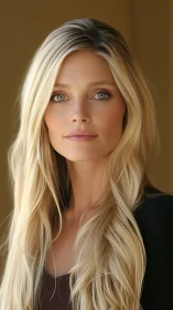 Calm green gaze framed by riverfall blonde hair and light.