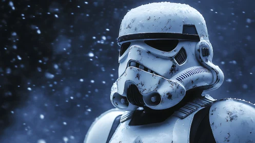 Armored sci-fi soldier stands in blizzard, armor weathered