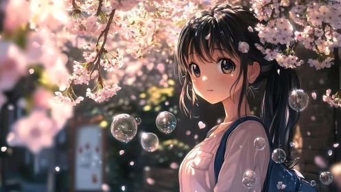 Daydreaming girl under cherry blossoms and drifting bubbles.
