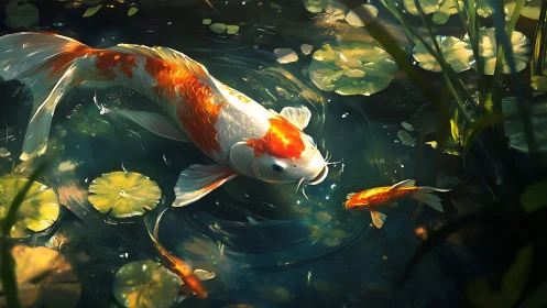 Sunlit koi carp glide through rippling lily pond waters