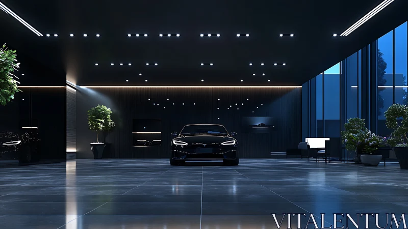 Photorealistic luxury showroom with central black coupe focus.
