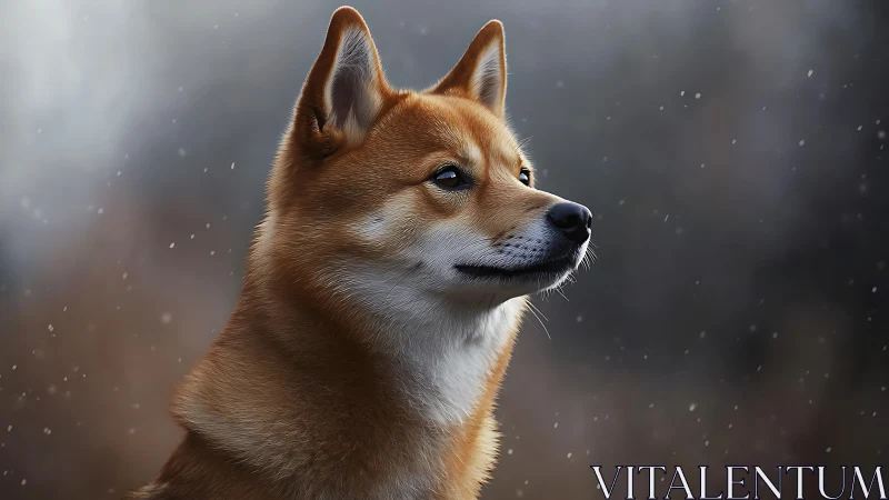 Bright-eyed Shiba gazes calmly into a soft winter snowfall