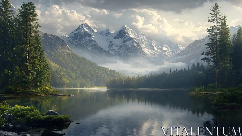 Snowcapped mountain range reflects over tranquil forest lake