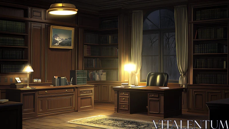 Midnight library office hums softly under twin lamplights