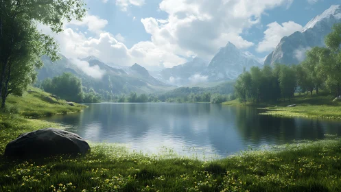 High-altitude alpine lake with snow-capped peaks and spring meadow