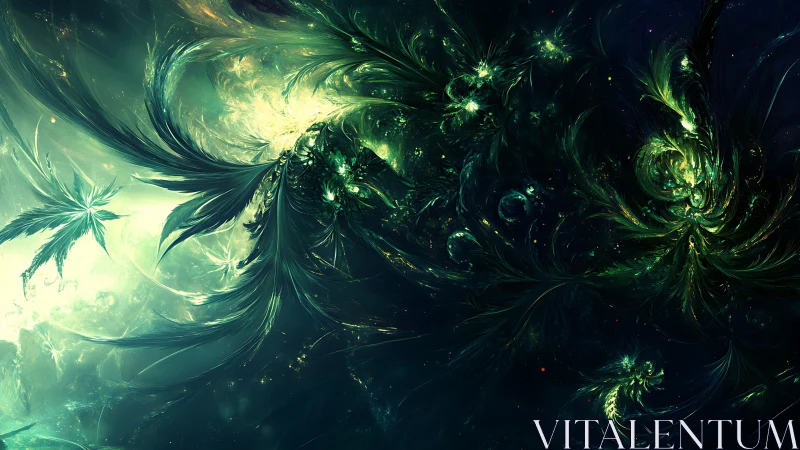 Swirling emerald cosmos unfurls delicate feathered light