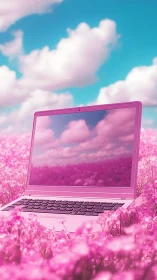 Cotton candy laptop dreaming in a neon pink flower cloud.