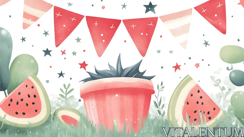 Anthropomorphic Watermelon Character with Festival Bunting Elements.