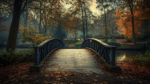 Steel footbridge over misty autumn pond at golden hour.