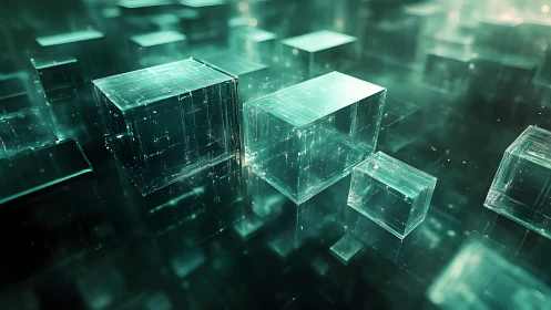 Futuristic Glass Cubes Floating in Digital Space, Abstract 3D Art.