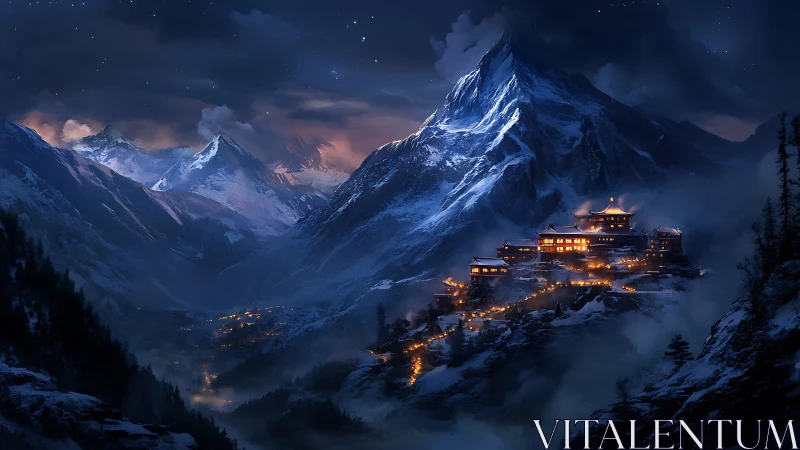 Mountain settlement with illuminated hillside temple at night.