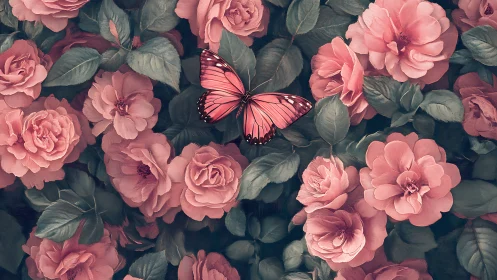 Pink Garden with Monarch Butterfly Among Roses.