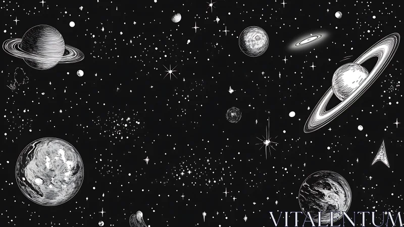 Hand-drawn monochrome space scene shows planets and stars