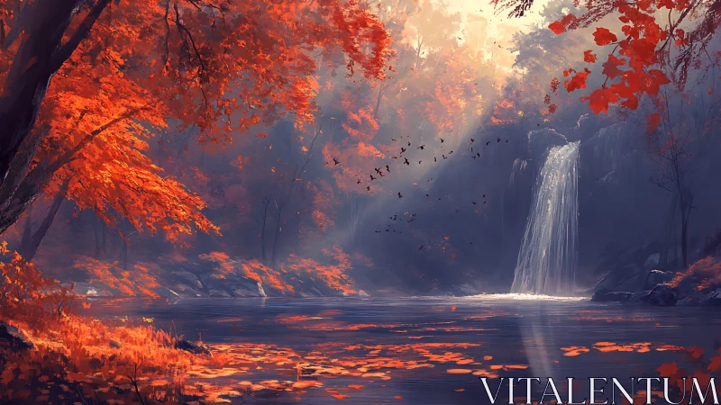 Landscape composition with autumn foliage, waterfall, and atmospheric lighting.