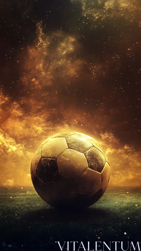 Starlit soccer orb resting beneath a blazing cosmic sky.