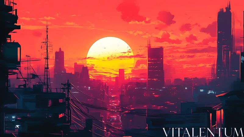 Neon skyline engulfed by colossal cyberpunk sunset glow.
