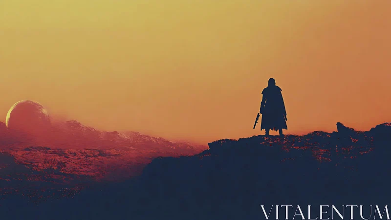 Lone armed wanderer surveys alien desert under molten sky