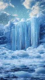 Frozen ice cliffs and falling snow over cold arctic sea.