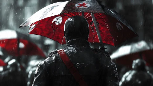 Red umbrella sentinel in the rain-soaked city crowd.