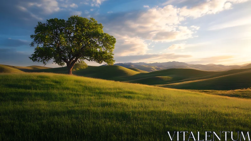 Gentle lone tree resting on glowing sunset hills of green.