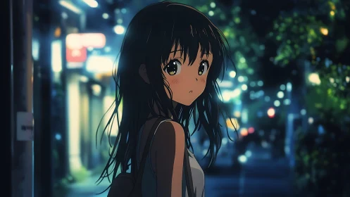 Pensive anime girl on neon city street, soft bokeh glow.