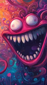 Large pink cartoon face with wide mouth and swirling background.