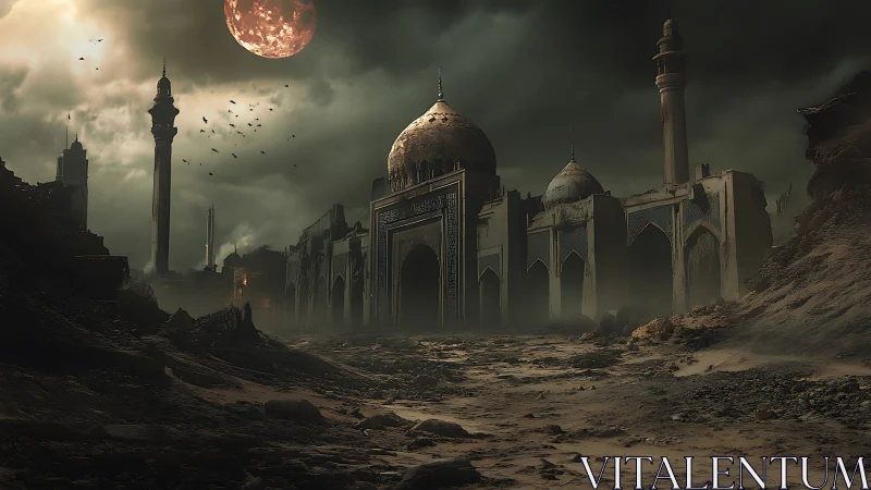 Concept art of ruined desert mosque under blood-red moon.