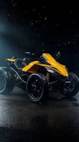 Yellow futuristic quad bike under dramatic night lighting.