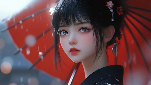 Rainlit gaze beneath a crimson parasol of quiet longing.