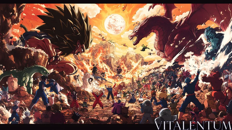Massive anime battle scene under fiery sky with dragons.