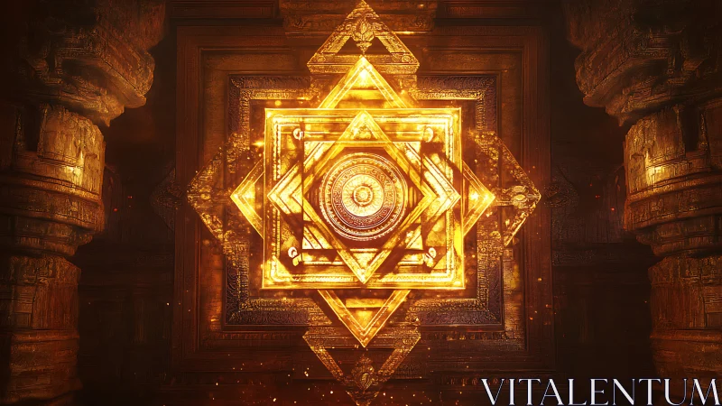 Radiant geometric mandala glows within ancient stone chamber