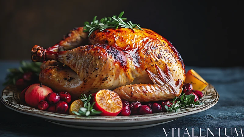 Roast turkey on platter with citrus, apples, and herbs.