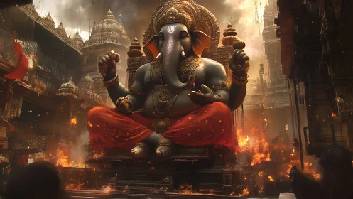 Ganesha deity seated in burning temple environment.