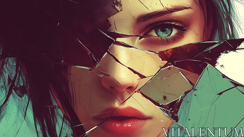 Digital painting portrait with fractured mirrored surface composition.