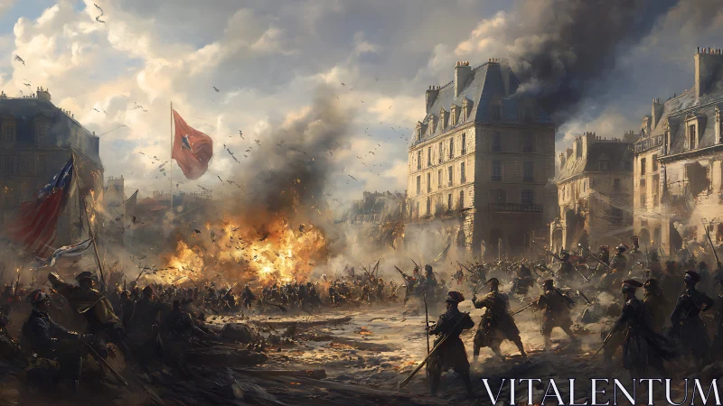 Warfare fills a European city square with fire and smoke