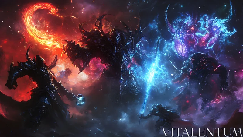 Elemental armored figures in large-scale cosmic battle scene.
