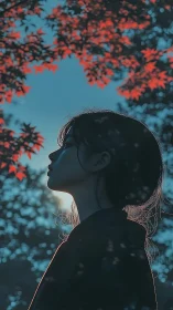 Backlit forest profile with cyan dusk and scarlet foliage.