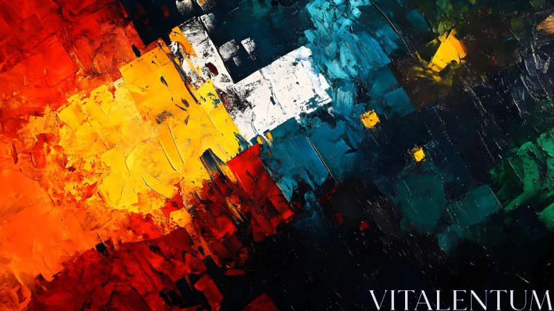 Bold abstract painting with vivid color blocks and textured strokes.