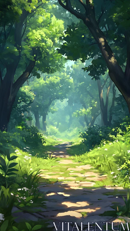 Sunlit Forest Path Through Towering Trees.