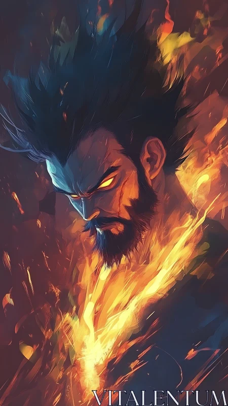 Digital painting of fiery bearded warrior with glowing eyes.