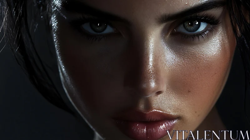 Intense photorealistic female face in shadowed closeup.