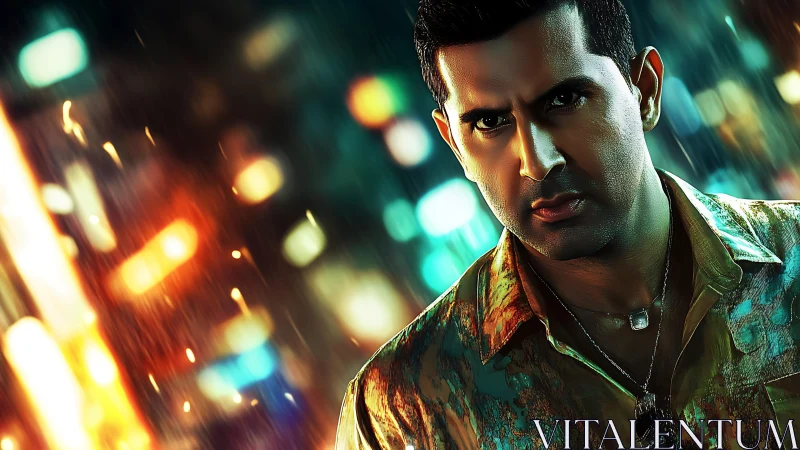 Intense man under neon rain in cinematic city portrait.