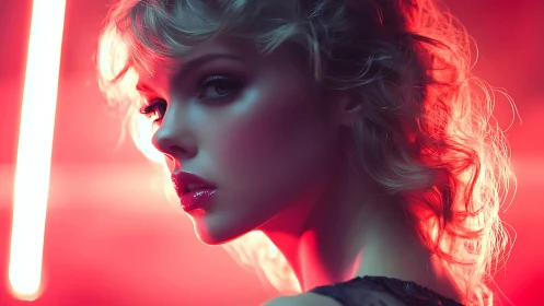 Neon-lit siren in electric red glow and cinematic close-up.