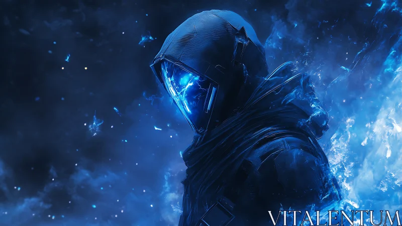 Cybernetic hooded warrior in blue cosmic energy storm.