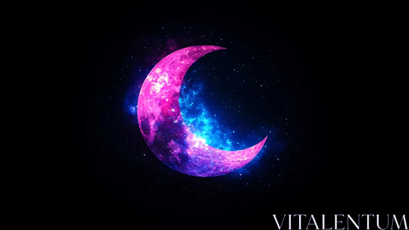 Neon crescent moon glows against deep cosmic starfield