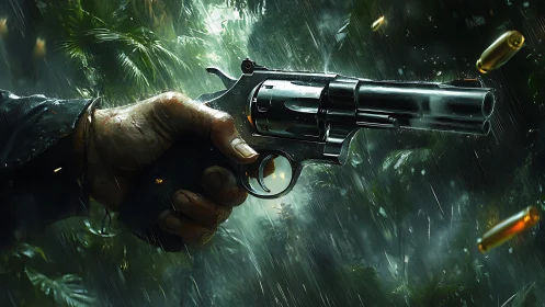 Revolver discharged in dense rainforest during rainfall.